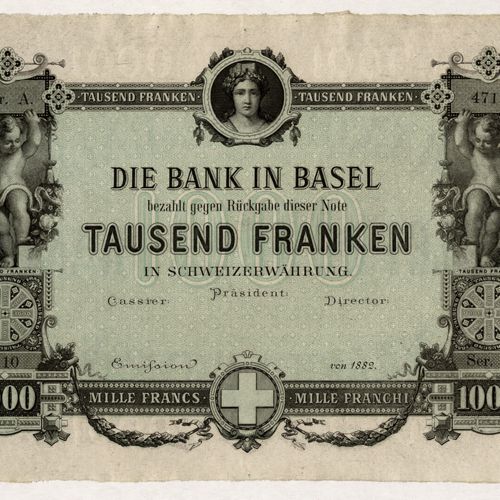 Basel, Bank in Basel. Banknote zu 1000 Franken in Schweizerwährung